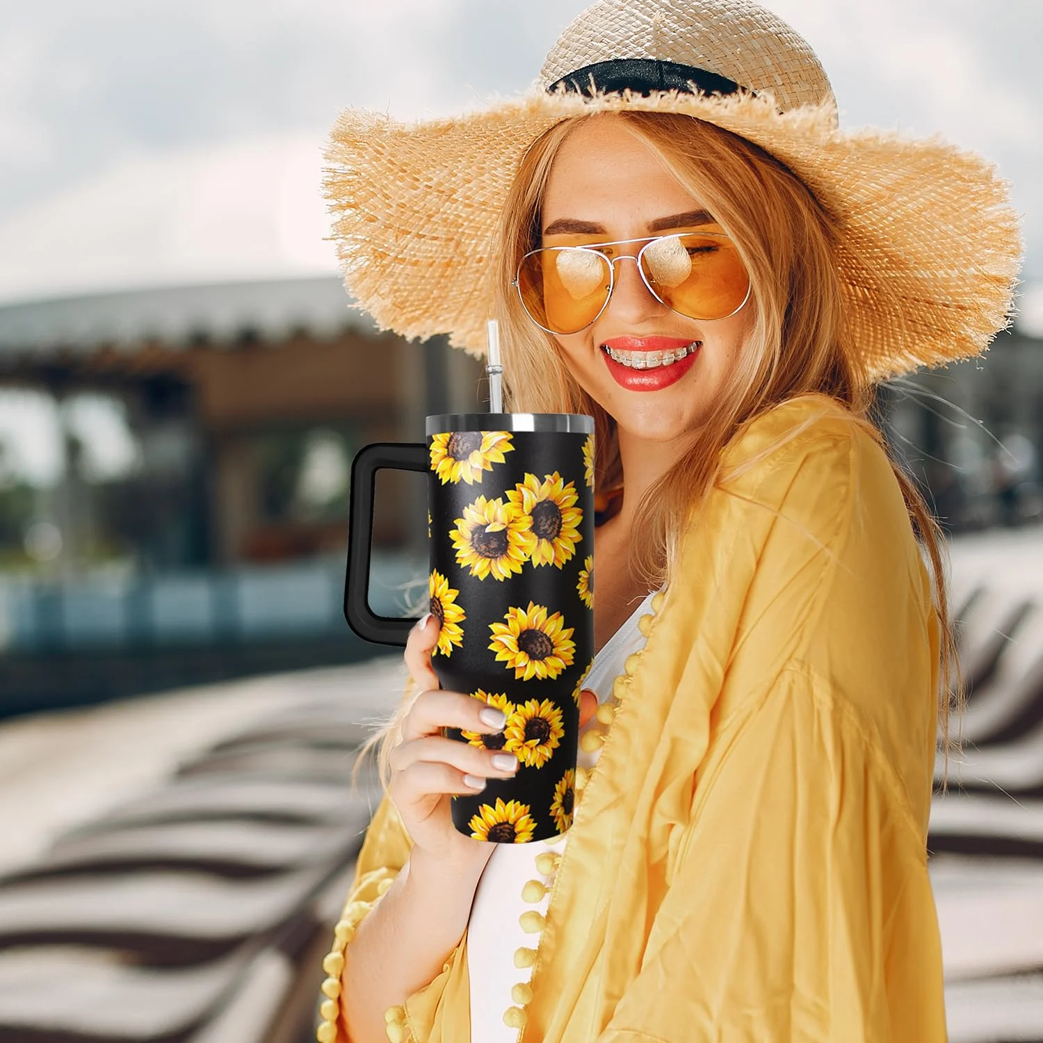 Beautiful Sunflower Floral Print Insulated Stainless Steel Tumbler 40oz Beautiful Sunflower Floral Print Insulated Stainless Steel Tumbler 40oz