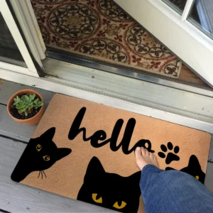 Cute Cat Face Trio Greeting Script Paw Pattern Doormat 18x30 inch