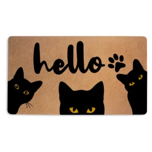 Cute Cat Face Trio Greeting Script Paw Pattern Doormat 18x30 inch