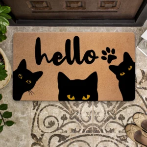 Cute Cat Face Trio Greeting Script Paw Pattern Doormat 18x30 inch