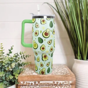Cute Happy Avocado Character Fruit Pattern Insulated Drink Tumbler 40oz