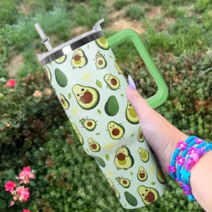 Cute Happy Avocado Character Fruit Pattern Insulated Drink Tumbler 40oz