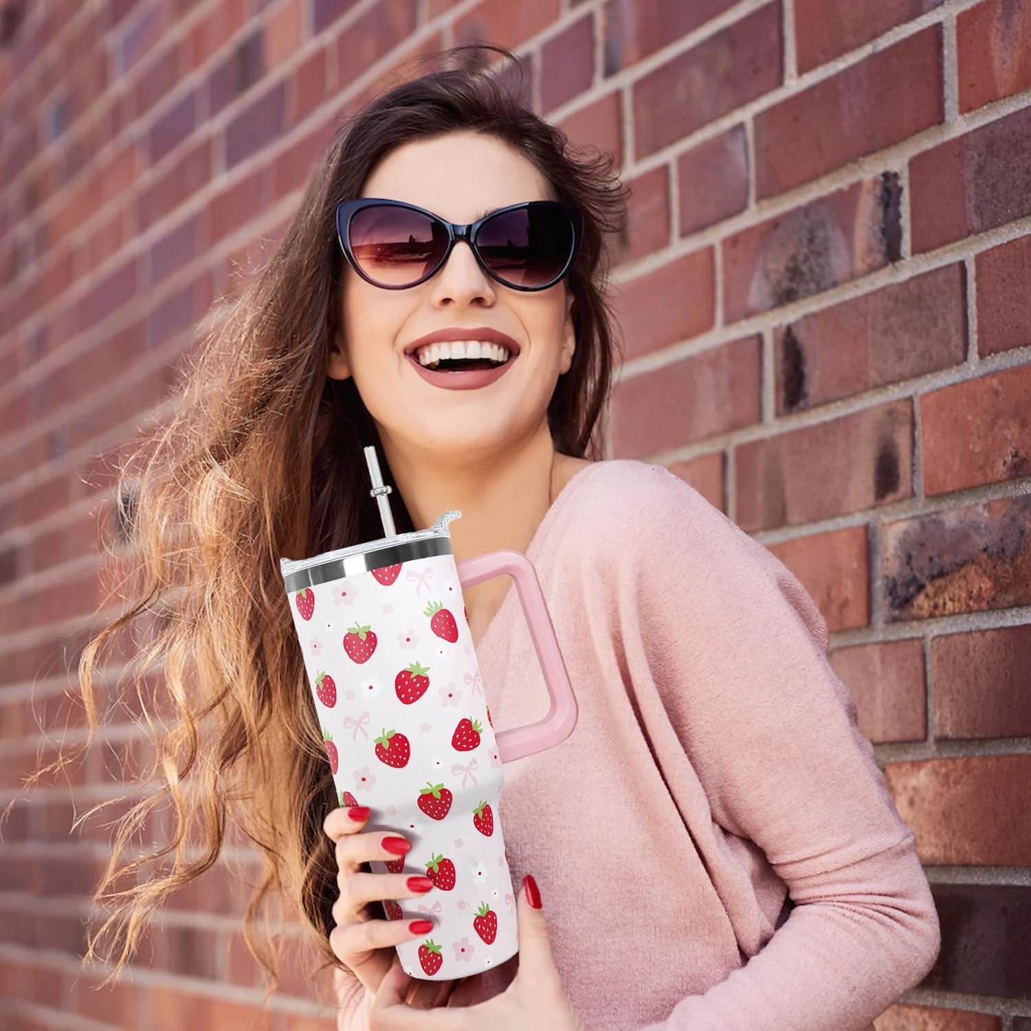 Cute Strawberry Flower Bow Pattern Insulated Stainless Steel Tumbler 40oz Cute Strawberry Flower Bow Pattern Insulated Stainless Steel Tumbler 40oz