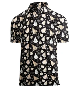 Festive Holiday Pine Tree Snowflake Ball Print Polo Shirt