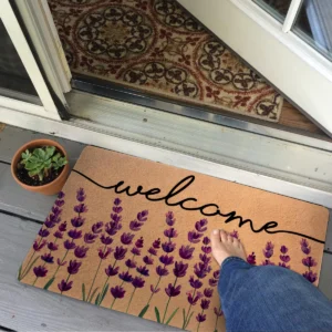 Floral Lavender Field Design Script Welcome Entrance Doormat 18x30 inch
