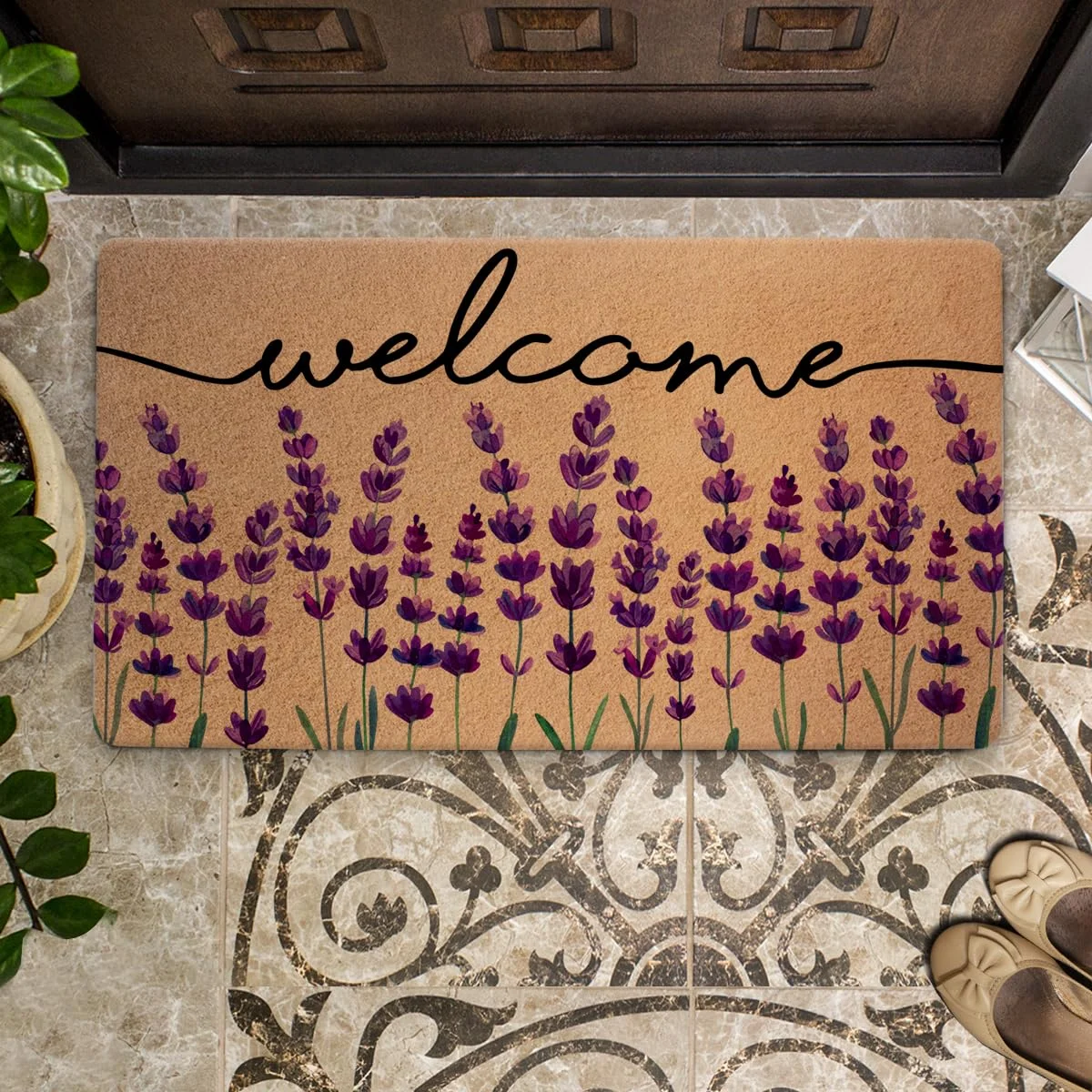 Floral Lavender Field Design Script Welcome Entrance Doormat 18x30 inch Floral Lavender Field Design Script Welcome Entrance Doormat 18x30 inch