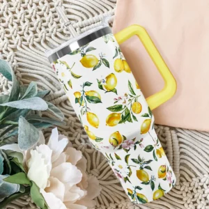 Fresh Lemon Fruit Flower Branch Pattern Insulated Drink Tumbler 40oz