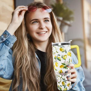 Fresh Lemon Fruit Flower Branch Pattern Insulated Drink Tumbler 40oz