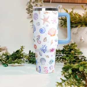 Seashell Starfish Seahorse Ocean Life Pattern Insulated Drink Tumbler 40oz