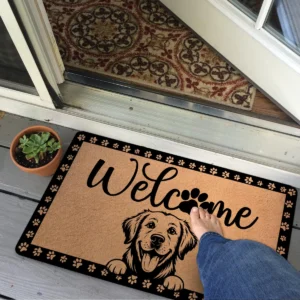 Smiling Golden Retriever Welcome Paw Print Pattern Doormat 18x30 inch