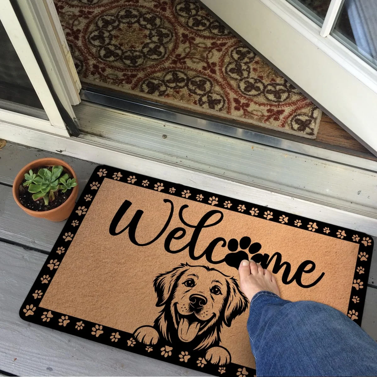 Smiling Golden Retriever Welcome Paw Print Pattern Doormat 18x30 inch Smiling Golden Retriever Welcome Paw Print Pattern Doormat 18x30 inch