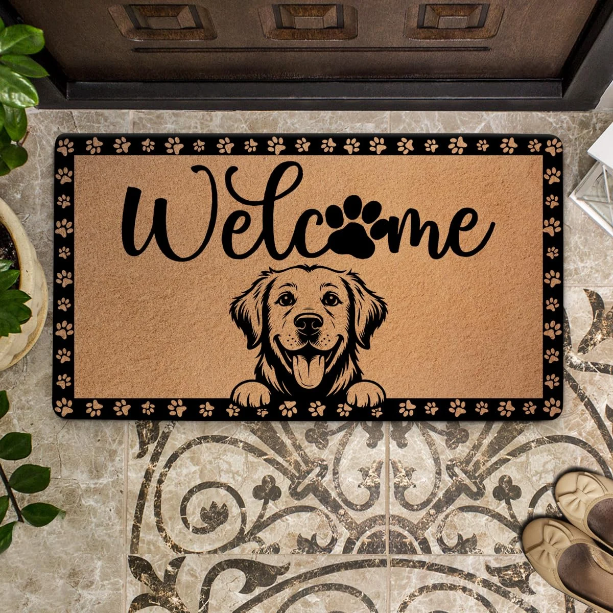 Smiling Golden Retriever Welcome Paw Print Pattern Doormat 18x30 inch Smiling Golden Retriever Welcome Paw Print Pattern Doormat 18x30 inch