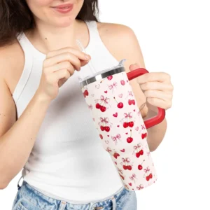 Sweet Cherry Bow Heart Pattern Insulated Stainless Steel Tumbler 40oz