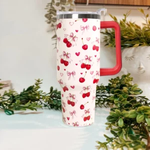 Sweet Cherry Bow Heart Pattern Insulated Stainless Steel Tumbler 40oz