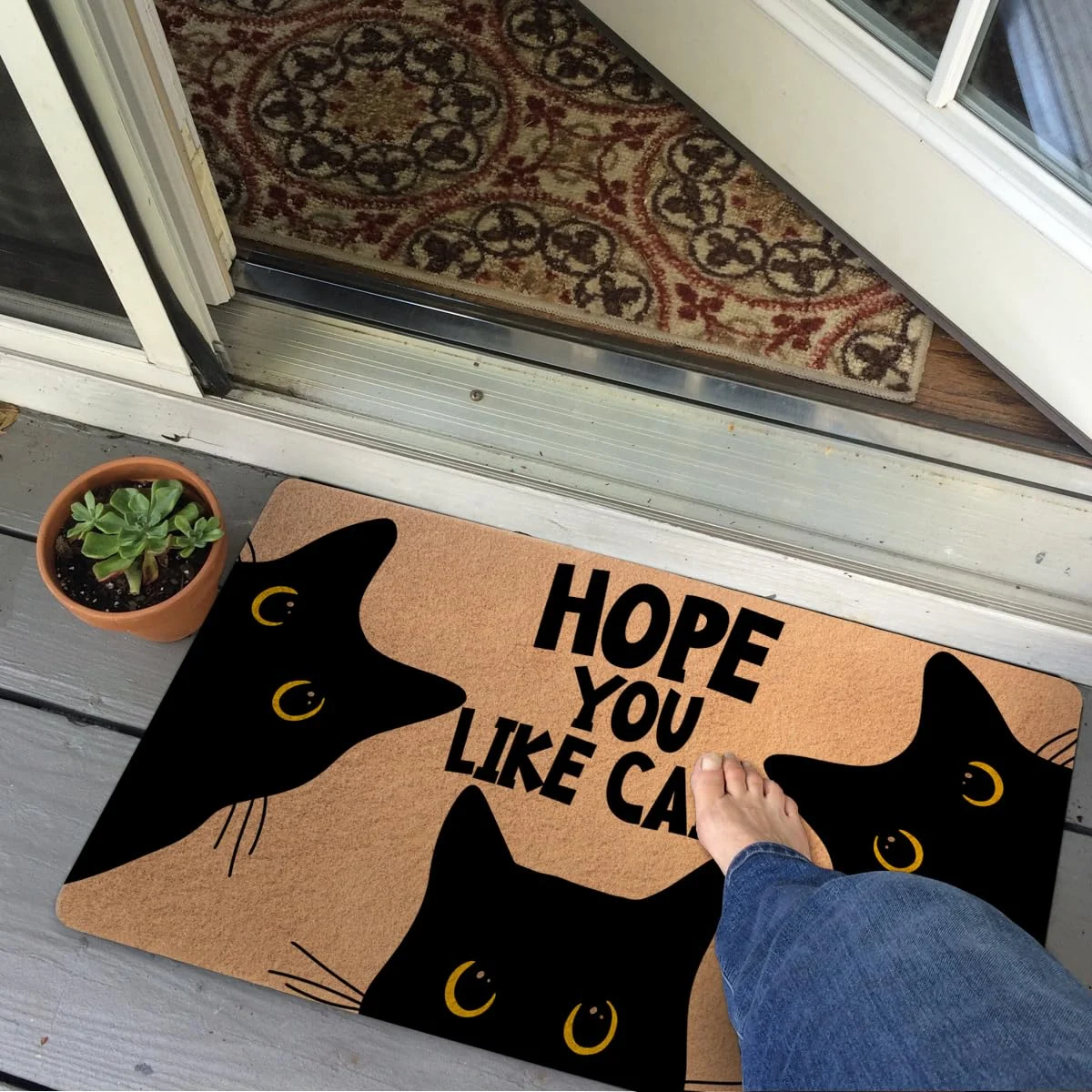 Three Peeking Cats Funny Quote Hope You Like Doormat 18x30 inch Three Peeking Cats Funny Quote Hope You Like Doormat 18x30 inch