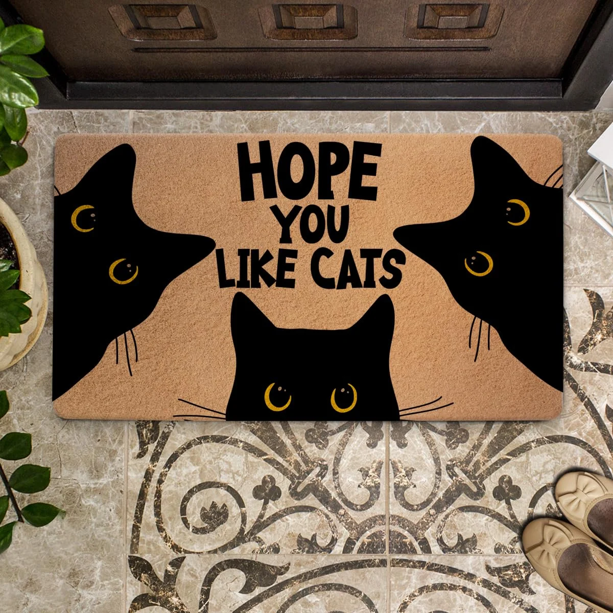 Three Peeking Cats Funny Quote Hope You Like Doormat 18x30 inch Three Peeking Cats Funny Quote Hope You Like Doormat 18x30 inch